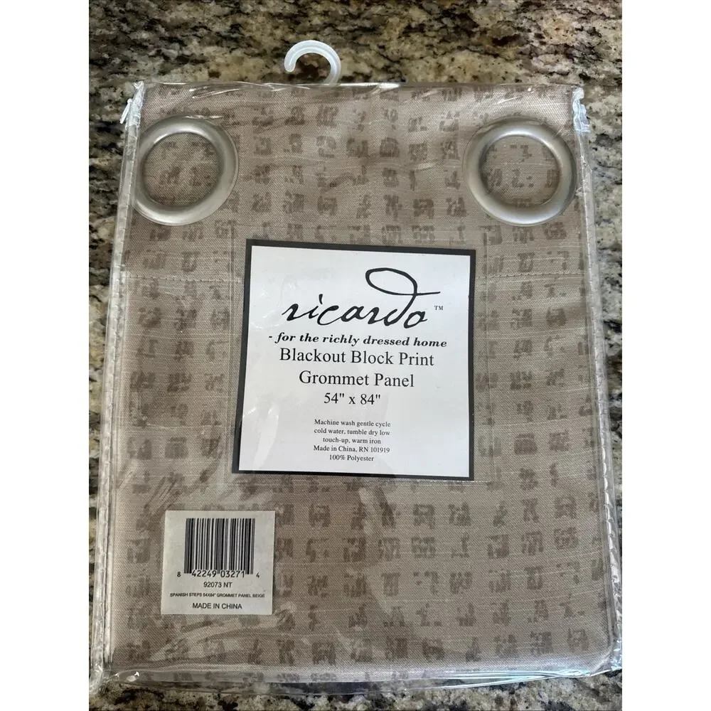Ricardo Blackout Curtain Panel Spanish Steps Taupe Beige Block Print 54x84 NEW